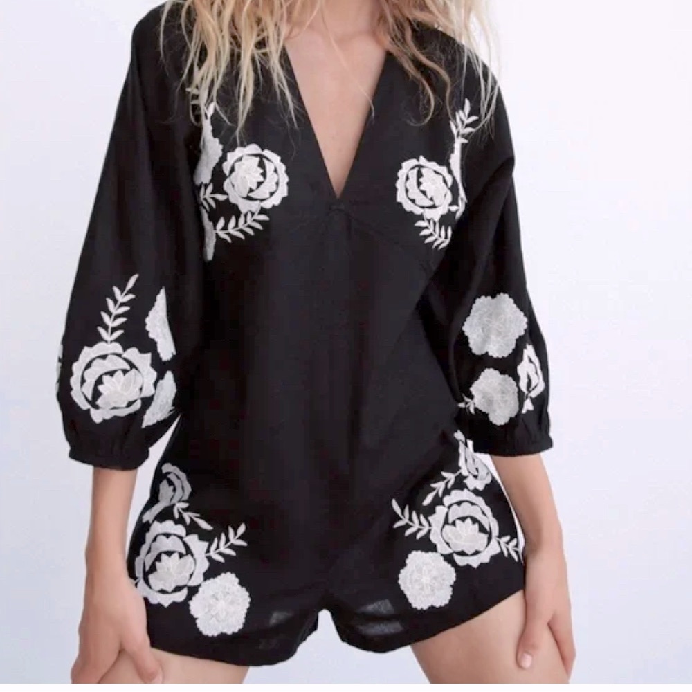 Zara Black Embroidered Romper XS